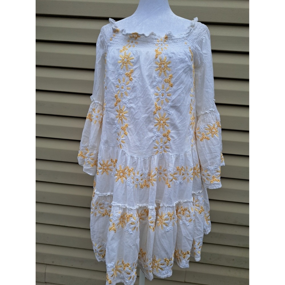 Women's Cotton Lined Off-the-Shoulder Bohemian Mini Embroidery Tiered Dress M